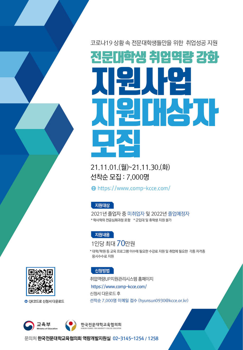 코로나19 상황 속 전무대학생들만을 위한 취업성공 지원. 전문대학생 취업역량 강화 지원사업 지원대상자 모집. 2021.11.1(월)~2021.11.30(화) 선착순 모집:7,000명 https://www.come-kcce.com/ 1)지원대상:2021년 졸업자 중 미취업자 및 2022년 졸업예정자 *학사학위 전공심화과정 포함 *군입대 및 휴학생 지원 불가 2)지원내용:1인당 최대 70만원 *대학/학원 등 교육 프로그램 이수에 필요한 수강료 지원 및 취업에 필요한 각종자격증 응시수수료 지원 3)신청방법:취업역량UP지원관리시스템 홈페이지 https://www.come-kcce.com/ 신청서 다운로드 후 선착순 7,000명 이메일 접수 (hyunsun0930@kcce.or.kr) 교육부,한국전문대학교육협의회 제공 / 문의처:한국전문대학교육협의회 역량개발지원실 02-3145-1254 / 1258