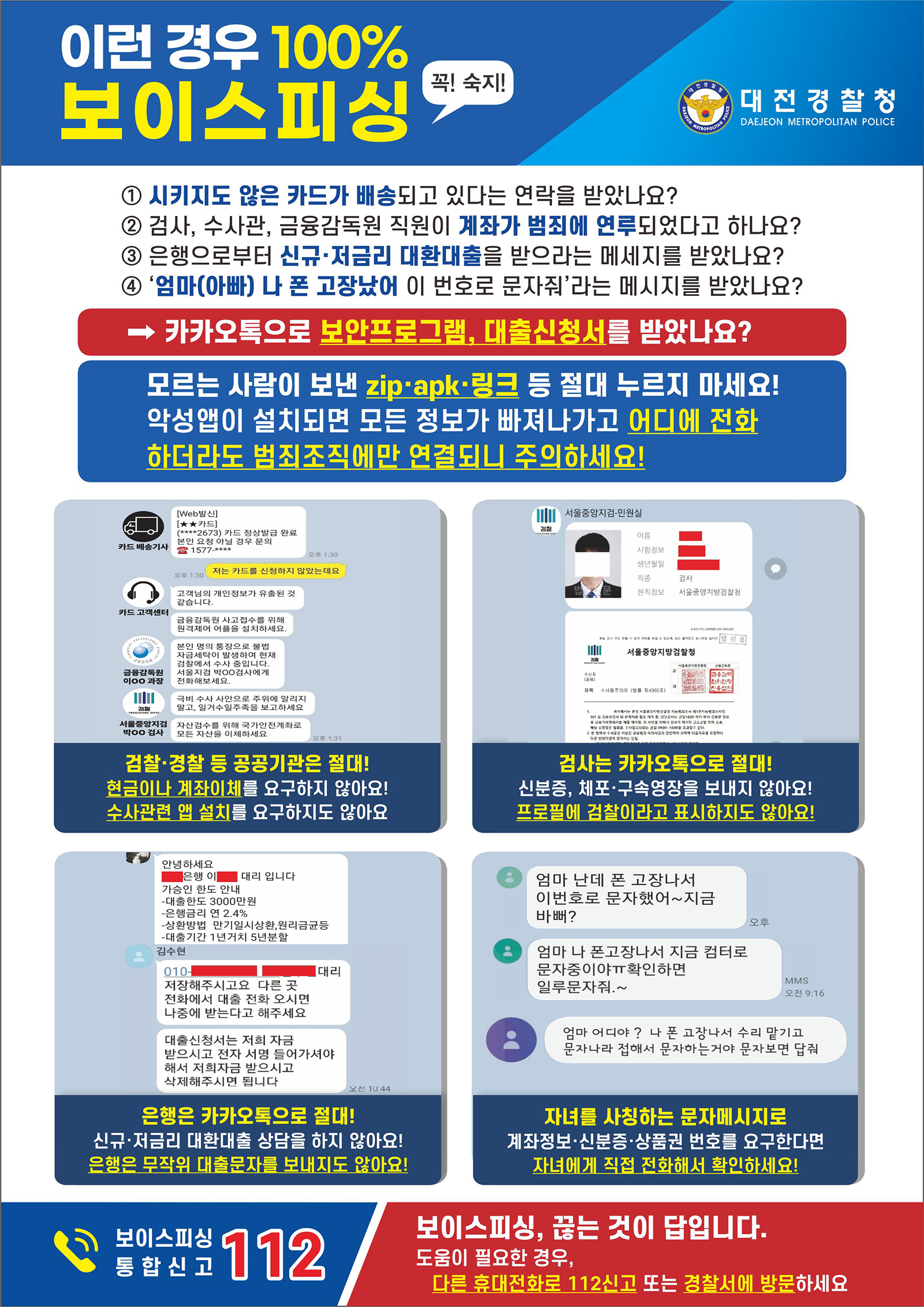 이런 경우 100% 보이스피싱 꼭! 숙지! 대전경찰청 / ① 시키지도 않은 카드가 배송되고 있다는 연락을 받았나요? ② 검사, 수사관, 금융감독원 직원이 계좌가 범죄에 연루되었다고 하나요? ③ 은행으로부터 신규·저금리 대환대출을 받으라는 메세지를 받았나요? ④ '엄마(아빠) 나 폰 고장났어 이 번호로 문자줘'라는 메시지를 받았나요? → 카카오톡으로 보안프로그램, 대출신청서를 받았나요? / 모르는 사람이 보낸 zip apk·링크 등 절대 누르지 마세요! 악성앱이 설치되면 모든 정보가 빠져나가고 어디에 전화 하더라도 범죄조직에만 연결되니 주의하세요! / 검찰·경찰 등 공공기관은 절대! 현금이나 계좌이체를 요구하지 않아요! 수사관련 앱 설치를 요구하지도 않아요 검사는 카카오톡으로 절대! 신분증, 체포·구속영장을 보내지 않아요! 프로필에 검찰이라고 표시하지도 않아요! / 은행은 카카오톡으로 절대! 신규·저금리 대환대출 상담을 하지 않아요! 은행은 무작위 대출문자를 보내지도 않아요! / 자녀를 사칭하는 문자메시지로 계좌정보·신분증·상품권 번호를 요구한다면 자녀에게 직접 전화해서 확인하세요! / 보이스피싱 통합신 신고 112  / 보이스피싱, 끊는 것이 답입니다. / 도움이 필요한 경우, 다른 휴대전화로 112신고 또는 경찰서에 방문하세요
