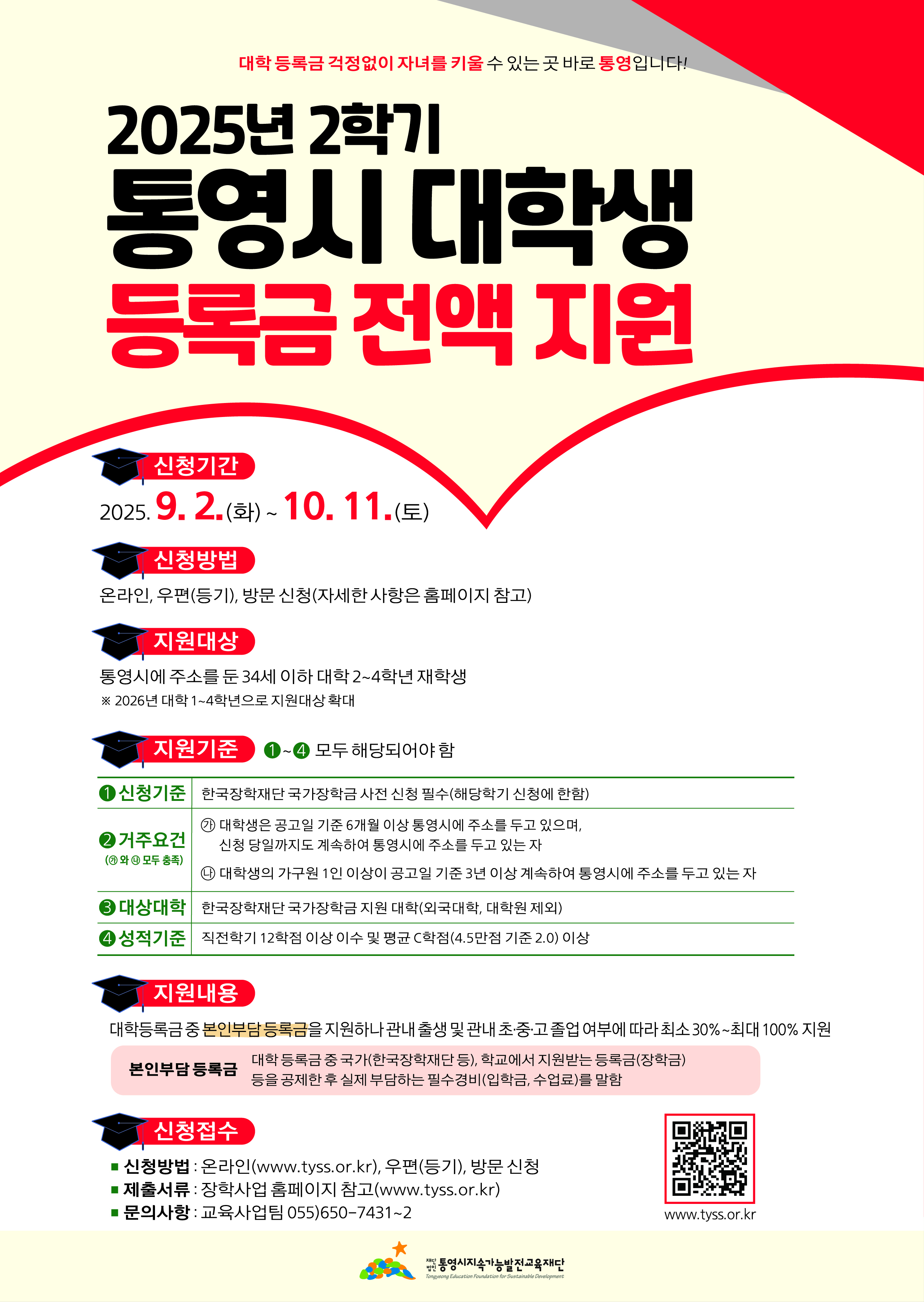 대학 등록금 걱정없이 자녀를 키울 수 있는 곳 바로 통영입니다! / 2025년 2학기 통영시 대학생 등록금 전액 지원 / 신청기간 : 2025.9.2.(화)~10.11.(토) / 신청방법 : 온라인, 우편(등기), 방문 신청(자세한 사항은 홈페이지 참고) / 지원대상 : 통영시에 주소를 둔 34세 이하 대학 2~4학년 재학생 ※2026년 대학 1-4학년으로 지원대상 확대 지원기준 : 1~4 모두 해당되어야 함 / 1.신청기준 : 한국장학재단 국가장학금 사전 신청 필수(해당학기 신청에 한함) / 2.거주요건 (가와나 모두 충족) 가. 대학생은 공고일 기준 6개월 이상 통영시에 주소를 두고 있으며, 신청 당일까지도 계속하여 통영시에 주소를 두고 있는 자, 나.대학생의 가구원 1인 이상이 공고일 기준 3년 이상 계속하여 통영시에 주소를 두고 있는 자 / 3. 대상대학 : 한국장학재단 국가장학금 지원 대학(외국대학, 대학원 제외) / 4. 성적기준 : 직전학기 12학점 이상 이수 및 평균 C학점(4.5만점 기준 2.0) 이상 / 지원내용 : 대학등록금 중 본인부담 등록금을 지원하나 관내 출생 및 관내 초·중·고 졸업 여부에 따라 최소 30%~최대 100% 지원 / 본인부담 등록금 - 대학 등록금 중 국가(한국장학재단 등), 학교에서 지원받는 등록금(장학금) 등을 공제한 후 실제 부담하는 필수경비(입학금, 수업료)를 말함 / 신청접수 - 신청방법: 온라인(www.tyss.or.kr), 우편(등기), 방문 신청 / 제출서류: 장학사업 홈페이지 참고(www.tyss.or.kr) / 문의사항: 교육사업팀 055)650-7431-2 / 통영시지속가능발전교육재단 / www.tyss.or.kr